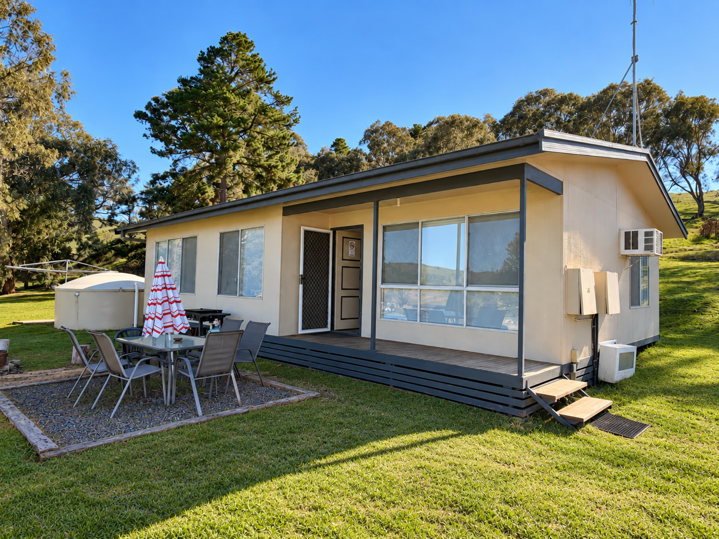 Cabin beneath eucalyptus trees