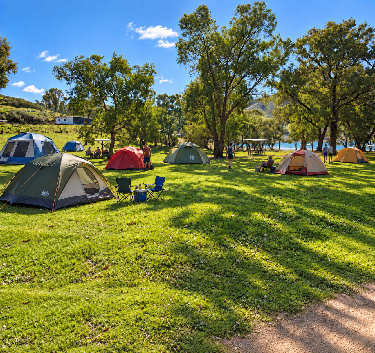 Tents among trees beside the water