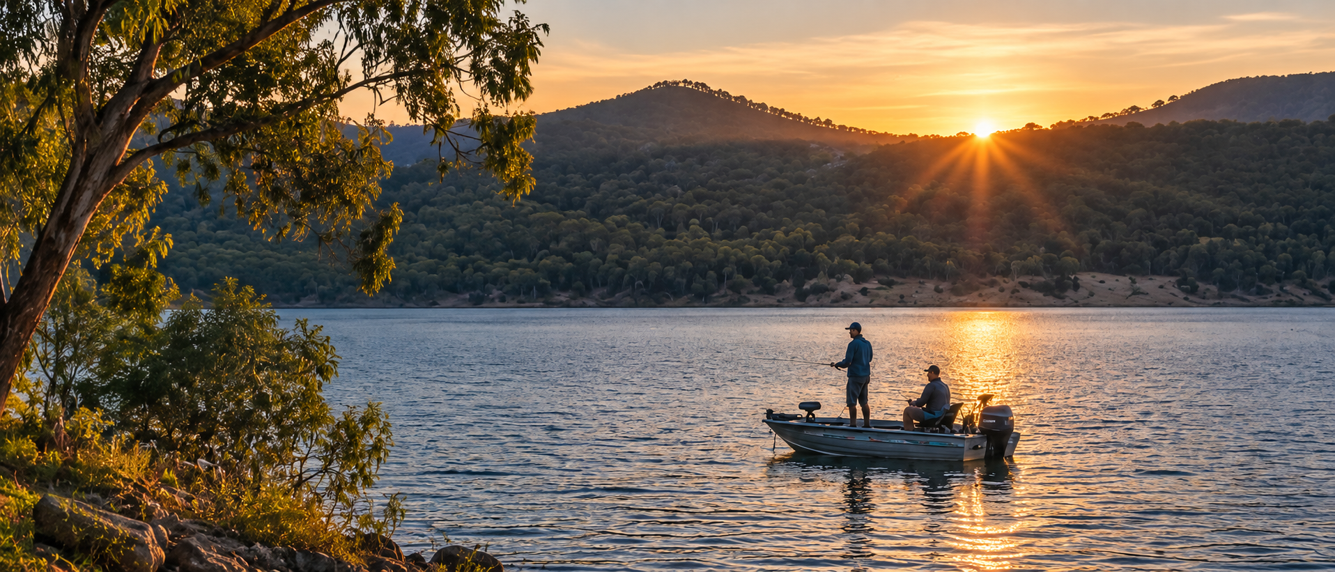 Two anglers fishing from a boat at sunset, framed by gum trees
