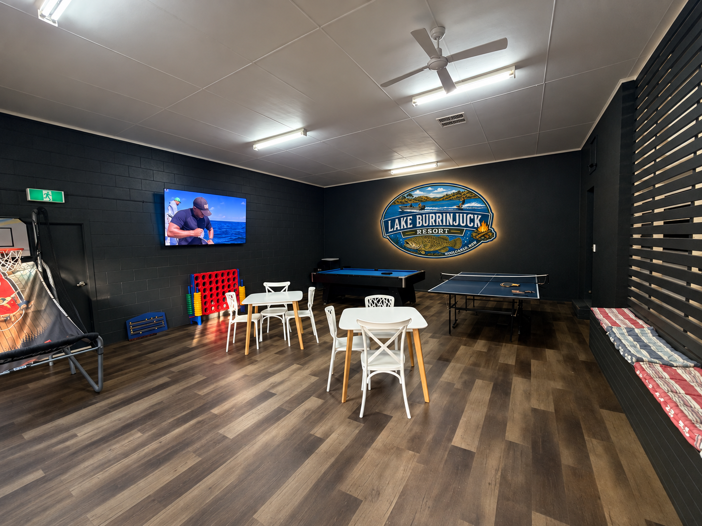 Lake Burrinjuck Resort games room with pool table, table tennis, games and illuminated resort logo