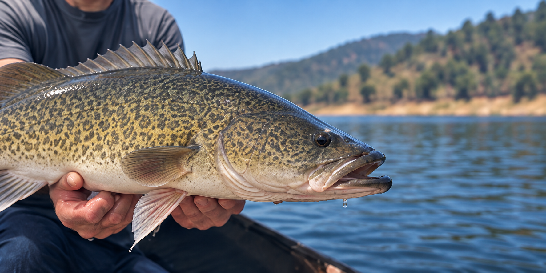 Angler holding a Murray cod beside the lake