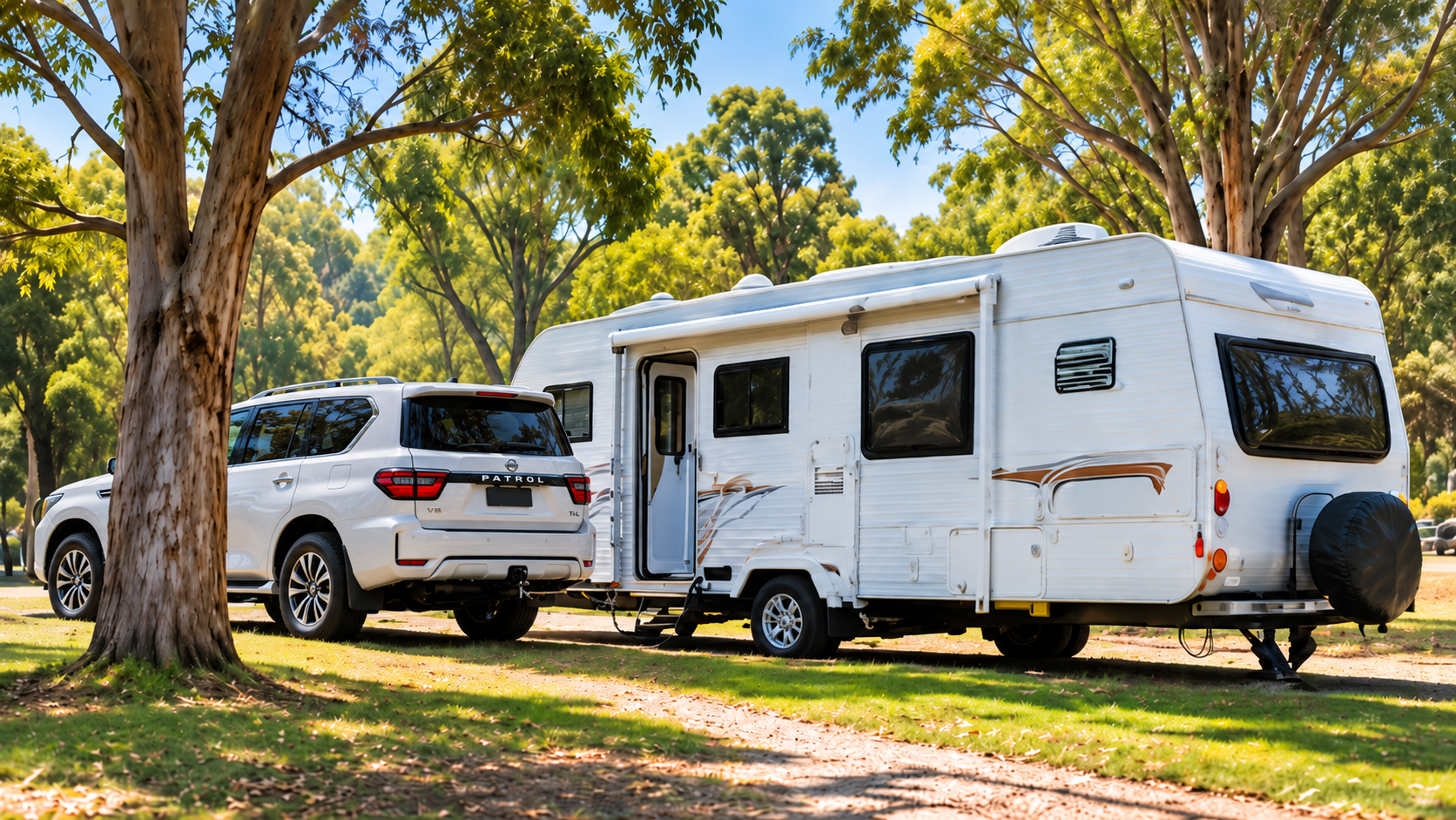 Caravan and four-wheel drive beneath eucalyptus trees